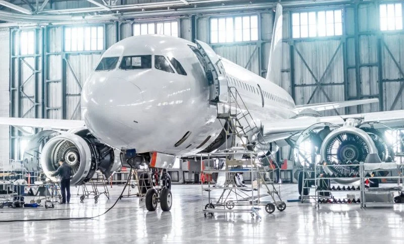 Plane inside a hangar